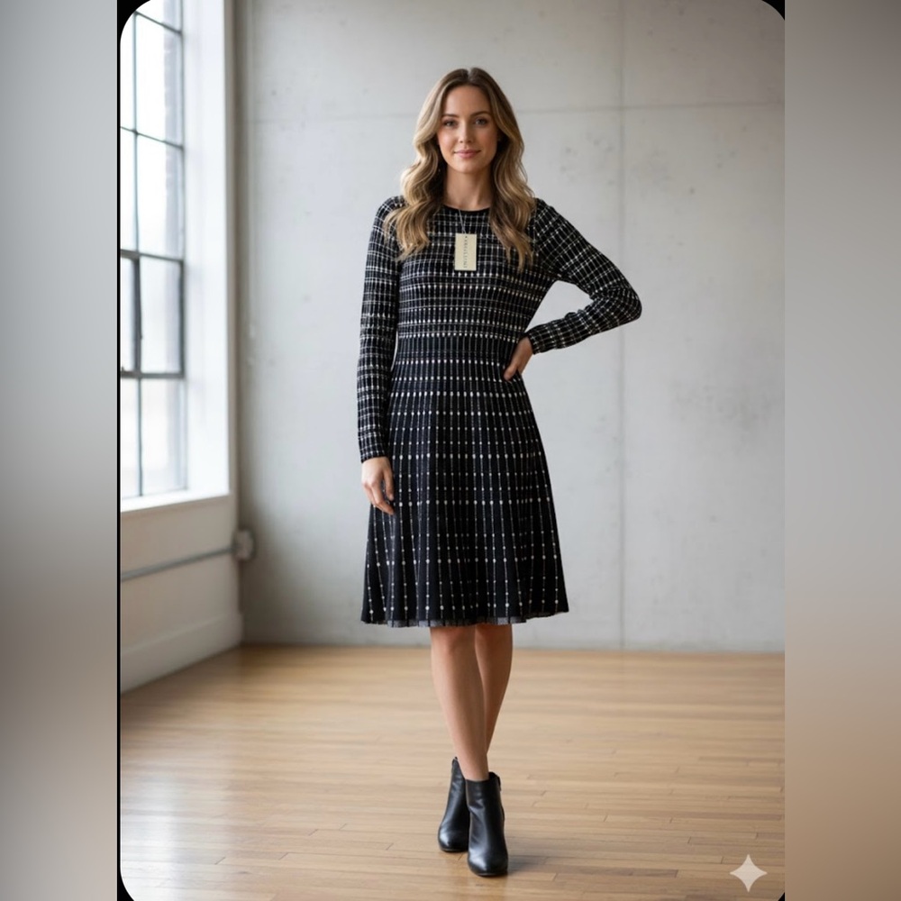 Elegant Black and White Checkered Long Sleeve Dress